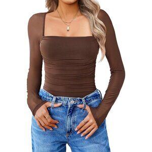 Women's Brown Square Mesh Neck Long Sleeve Bodysuit Shirts Sexy Sheer Tops